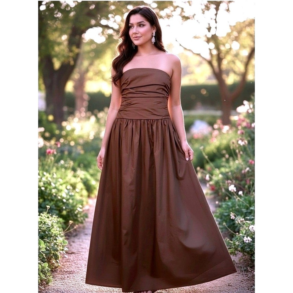 100% Cotton Strapless Maxi Prom Party Dress Womens Large Brown NEW Ruched Pocket
